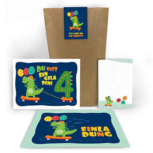 6 Einladungskarten zum 4. Kindergeburtstag Jungen Jungs Mädchen Dinosaurier Einladungen vierte Geburtstag (6 Karten + 6 Umschläge + 6 Tüten + 6 Aufkleber + 6 Blöcke) von Junaversum