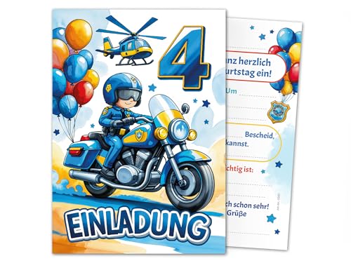 6 Einladungskarten zum 4. Kindergeburtstag Jungen Polizei Junge Kinder coole bunte Einladungen vierte Geburtstag Geburtstagseinladungen Kids von Junaversum
