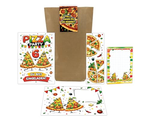 6 Einladungskarten zum 6. Kindergeburtstag Pizza Party Pizza-Party Pizzaessen Mädchen Jungen Kinder Einladungen sechste Geburtstag inkl. 6 Umschläge, 6 Tüten, 6 Aufkleber, 6 Lesezeichen, 6 Blöcke von Junaversum