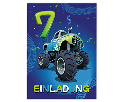 6 Einladungskarten zum 7. Kindergeburtstag Einladung siebte Geburtstag Jungen Auto Monster-Truck von Junaversum
