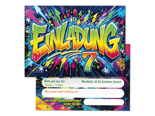 6 Einladungskarten zum 7. Kindergeburtstag Kinder Junge Mädchen Graffiti coole bunte Einladungen siebte Geburtstag Geburtstagseinladungen Kids von Junaversum