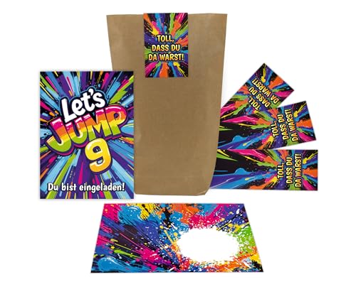6 Einladungskarten zum 9. Kindergeburtstag Jump Party Mädchen Kinder Jungen coole bunte Einladungen neunte Geburtstag Geburtstagseinladungen Kids inkl. 6 Umschläge, 6 Tüten, 6 Aufkleber von Junaversum