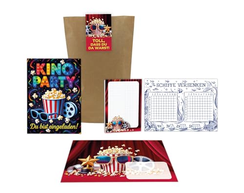 6 Einladungskarten zum Kindergeburtstag Kino Cinema Party Mädchen Jungen bunt Kinder Einladungen Geburtstag inkl. 6 Umschläge, 6 Tüten, 6 Aufkleber, 6 Blöcke, 6 Schiffe versenken von Junaversum