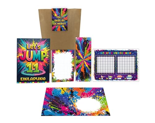 8 Einladungskarten 11. Kindergeburtstag Jump Party Jungen Mädchen Kinder Einladungen elfte Geburtstag inkl. 8 Umschläge, 8 Tüten, 8 Aufkleber, 8 Lesezeichen, 8 Blöcke, 8 Schiffe versenken von Junaversum