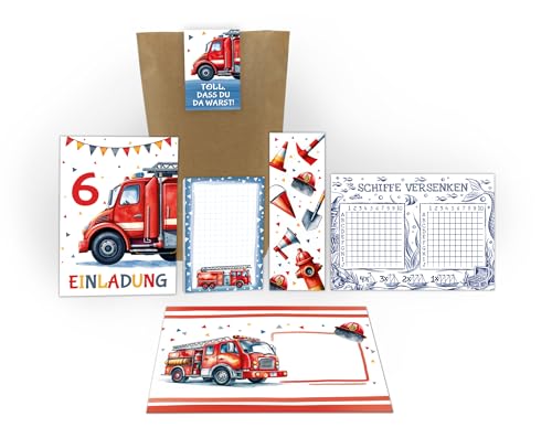 8 Einladungskarten 6. Kindergeburtstag Jungen Feuerwehr Junge Kinder Einladungen sechste Geburtstag inkl. 8 Umschläge, 8 Tüten, 8 Aufkleber, 8 Lesezeichen, 8 Blöcke, 8 Schiffe versenken von Junaversum