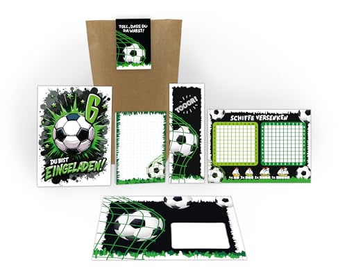 8 Einladungskarten 6. Kindergeburtstag Jungen Fußball Fussball Kinder Einladungen sechste Geburtstag inkl. 8 Umschläge, 8 Tüten, 8 Aufkleber, 8 Lesezeichen, 8 Blöcke, 8 Schiffe versenken von Junaversum