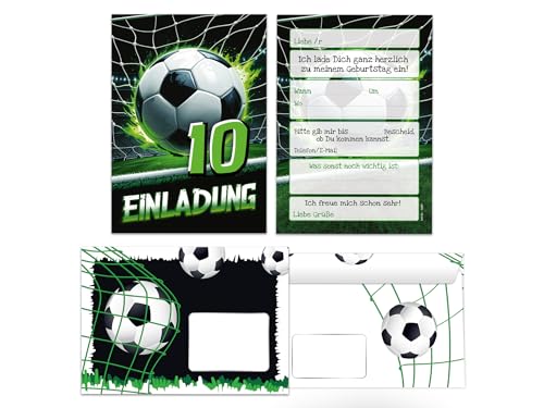 8 Einladungskarten inkl. 8 Umschläge zum 10. Kindergeburtstag Fußball Fussball Jungen Kinder coole bunte Einladungen zehnte Geburtstag Geburtstagseinladungen Kids von Junaversum