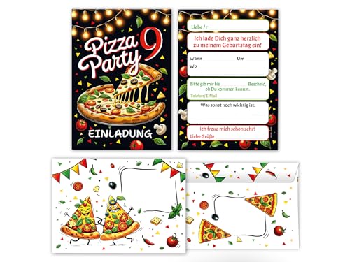 8 Einladungskarten inkl. 8 Umschläge zum 9. Kindergeburtstag Pizza Party Pizza-Party Pizzaessen Kinder Mädchen Jungen Einladungen neunte Geburtstag Geburtstagseinladungen von Junaversum