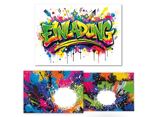 8 Einladungskarten inkl. 8 Umschläge zum Kindergeburtstag Junge Mädchen Graffiti Kinder coole bunte Einladungen Geburtstag Geburtstagseinladungen Kids von Junaversum