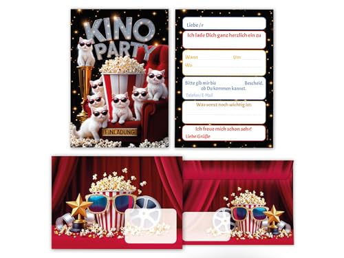 8 Einladungskarten inkl. 8 Umschläge zum Kindergeburtstag Kino Cinema Party Mädchen Jungen Katzen Kinder Einladungen Geburtstag Geburtstagseinladungen Kids von Junaversum