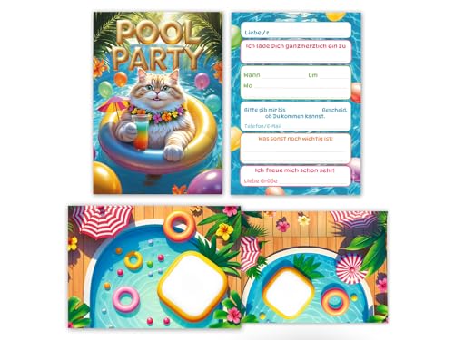 8 Einladungskarten inkl. 8 Umschläge zum Kindergeburtstag Schwimmbad Pool Party Katze Mädchen Jungen Kinder Einladungen Geburtstag Geburtstagseinladungen Kids von Junaversum
