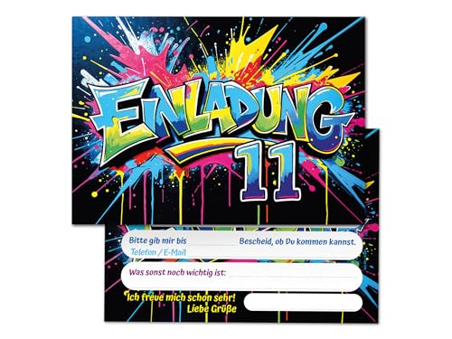 8 Einladungskarten zum 11. Kindergeburtstag Graffiti Junge Mädchen Kinder coole bunte Einladungen elfte Geburtstag Geburtstagseinladungen Kids von Junaversum