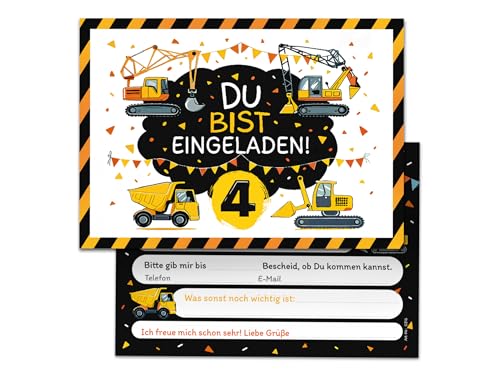 8 Einladungskarten zum 4. Kindergeburtstag Bagger Baustelle Kinder Jungen coole bunte Einladungen vierte Geburtstag Geburtstagseinladungen Kids von Junaversum