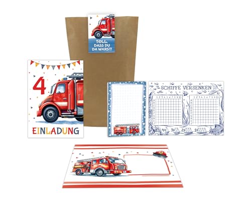 8 Einladungskarten zum 4. Kindergeburtstag Jungen Feuerwehr Junge Kinder coole bunte Einladungen vierte Geburtstag inkl. 8 Umschläge, 8 Tüten, 8 Aufkleber, 8 Blöcke, 8 Schiffe versenken von Junaversum