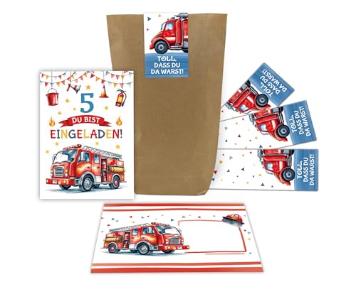8 Einladungskarten zum 5. Kindergeburtstag Jungen Feuerwehr Kinder Junge coole bunte Einladungen fünfte Geburtstag Geburtstagseinladungen Kids inkl. 8 Umschläge, 8 Tüten, 8 Aufkleber von Junaversum