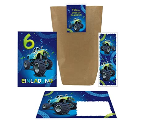 8 Einladungskarten zum 6. Kindergeburtstag Einladung sechste Geburtstag Jungen Auto Monster-Truck incl. 8 Umschläge, 8 Tüten, 8 Aufkleber, 8 Lesezeichen von Junaversum