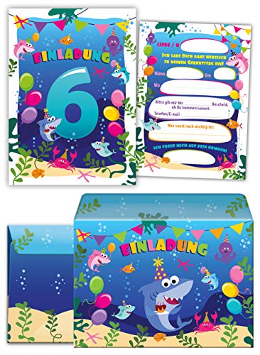 8 Einladungskarten zum 6. sechsten incl. 8 Umschläge zum Kindergeburtstag Mädchen Jungen Hai 8 Einladungskarten zum 6. sechsten incl. 8 Umschläge zum Kindergeburtstag Mädchen Jungen Hai von Junaversum