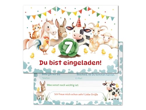 8 Einladungskarten zum 7. Kindergeburtstag Bauernhof Kinder Mädchen Jungen coole bunte Einladungen siebte Geburtstag Geburtstagseinladungen Kids von Junaversum