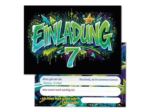 8 Einladungskarten zum 7. Kindergeburtstag Graffiti Kinder Mädchen Junge coole bunte Einladungen siebte Geburtstag Geburtstagseinladungen Kids von Junaversum
