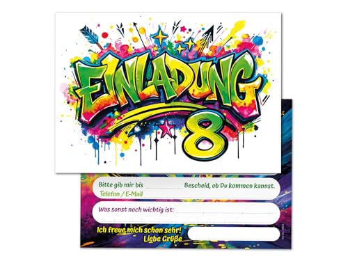 8 Einladungskarten zum 8. Kindergeburtstag Kinder Graffiti Mädchen Junge coole bunte Einladungen achte Geburtstag Geburtstagseinladungen Kids von Junaversum