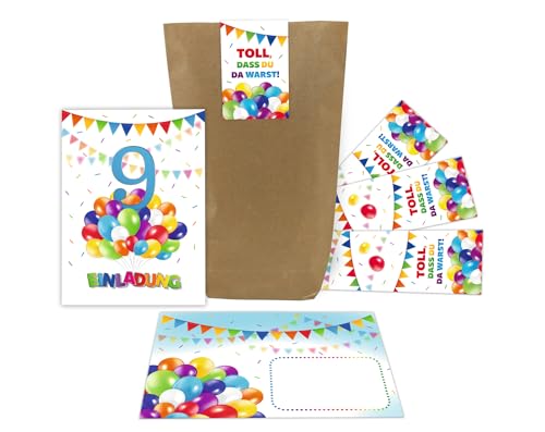 8 Einladungskarten zum 9. Kindergeburtstag Jungen Mädchen Luftballons Einladungen neunte Geburtstag incl. 8 Umschläge, 8 Tüten, 8 Aufkleber 8 Einladungskarten zum 9. Kindergeburtstag Jungen Mädchen Luftballons Einladungen neunte Geburtstag incl. 8 Umschläge, 8 Tüten, 8 Aufkleber von Junaversum