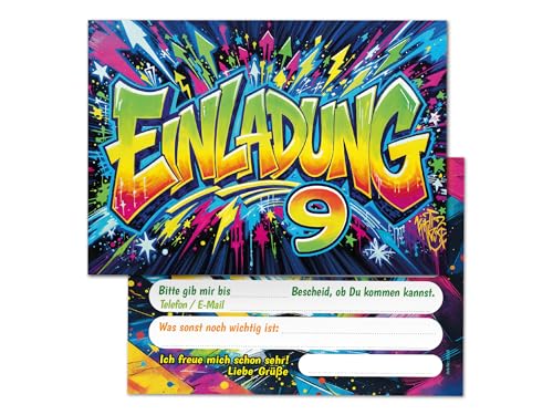8 Einladungskarten zum 9. Kindergeburtstag Kinder Junge Mädchen Graffiti coole bunte Einladungen neunte Geburtstag Geburtstagseinladungen Kids von Junaversum