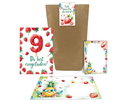 8 Einladungskarten zum 9. Kindergeburtstag Mädchen Erdbeeren Kinder Sommer coole bunte Einladungen neunte Geburtstag Geburtstagseinladungen Kids inkl. 8 Umschläge, 8 Tüten, 8 Aufkleber, 8 Blöcke von Junaversum