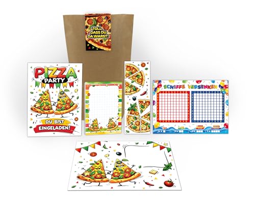8 Einladungskarten zum Kindergeburtstag Pizza Party Pizzaessen Mädchen Jungen Kinder Einladungen Geburtstag inkl. 8 Umschläge, 8 Tüten, 8 Aufkleber, 8 Lesezeichen, 8 Blöcke, 8 Schiffe versenken von Junaversum