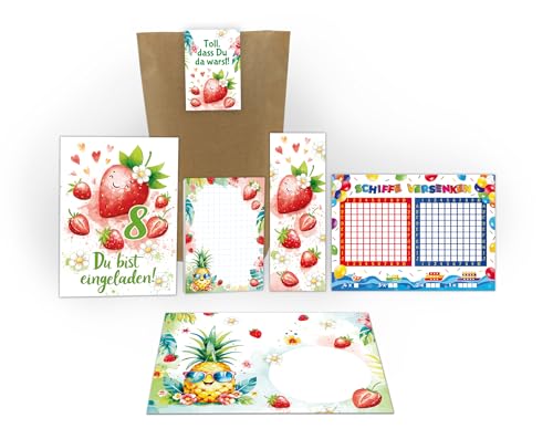 Junaversum 10 Einladungskarten 8. Kindergeburtstag Mädchen Kinder Erdbeeren Einladungen achte Geburtstag inkl. 10 Umschläge, 10 Tüten, 10 Aufkleber, 10 Lesezeichen, 10 Blöcke, 10 Schiffe versenken Junaversum 10 Einladungskarten 8. Kindergeburtstag Mädchen Kinder Erdbeeren Einladungen achte Geburtstag inkl. 10 Umschläge, 10 Tüten, 10 Aufkleber, 10 Lesezeichen, 10 Blöcke, 10 Schiffe versenken von Junaversum