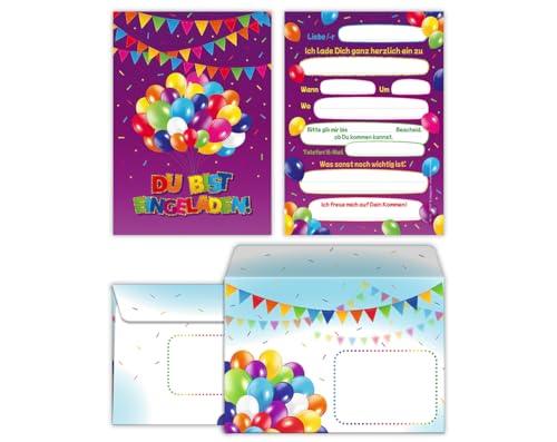Junaversum 10 Einladungskarten incl. 10 Umschläge zum Kindergeburtstag Mädchen Jungen Luftballons Einladungen für Kinder Geburtstag von Junaversum