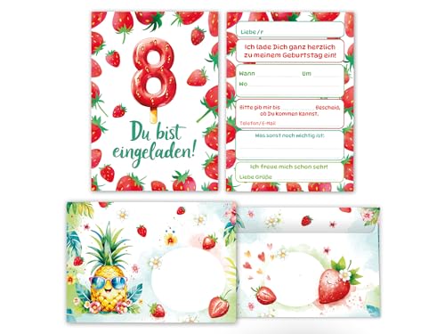 Junaversum 10 Einladungskarten inkl. 10 Umschläge zum 8. Kindergeburtstag Mädchen Erdbeeren Kinder Sommer coole bunte Einladungen achte Geburtstag Geburtstagseinladungen Kids von Junaversum