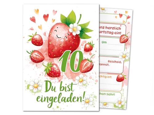 Junaversum 10 Einladungskarten zum 10. Kindergeburtstag Mädchen Kinder Erdbeeren coole bunte Einladungen zehnte Geburtstag Geburtstagseinladungen Kids Junaversum 10 Einladungskarten zum 10. Kindergeburtstag Mädchen Kinder Erdbeeren coole bunte Einladungen zehnte Geburtstag Geburtstagseinladungen Kids von Junaversum