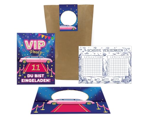 Junaversum 10 Einladungskarten zum 11. Kindergeburtstag Mädchen VIP Disco Mädchengeburtstag Einladungen elfte Geburtstag incl. 10 Umschläge, 10 Tüten, 10 Aufkleber, 10 Schiffe versenken von Junaversum