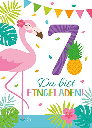 Junaversum 10 Einladungskarten zum 7. Geburtstag Kinder siebte Kindergeburtstag Mädchen Flamingo von Junaversum