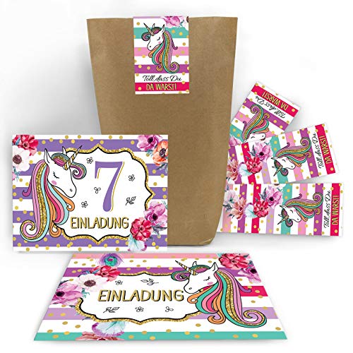Junaversum 10 Einladungskarten zum 7. Kindergeburtstag Mädchen Einhorn Unicorn Einladungen zum siebten Geburtstag incl. 10 Umschläge, 10 Aufkleber, 10 Tüten / Natur von Junaversum