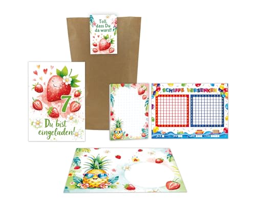 Junaversum 10 Einladungskarten zum 7. Kindergeburtstag Mädchen Kinder Erdbeeren coole bunte Einladungen siebte Geburtstag inkl. 10 Umschläge, 10 Tüten, 10 Aufkleber, 10 Blöcke, 10 Schiffe versenken von Junaversum