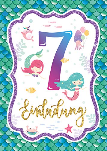 Junaversum 10 Einladungskarten zum 7. Kindergeburtstag Mädchen Meerjungfrau Einladungen siebte Geburtstag von Junaversum
