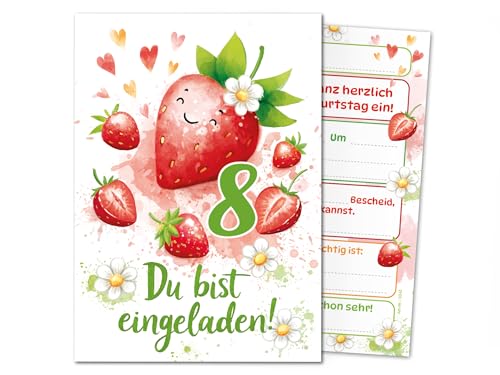 Junaversum 10 Einladungskarten zum 8. Kindergeburtstag Mädchen Kinder Erdbeeren coole bunte Einladungen achte Geburtstag Geburtstagseinladungen Kids von Junaversum