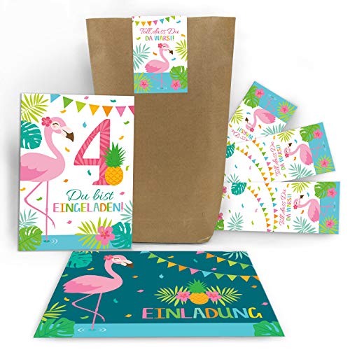 Junaversum 12 Einladungskarten 4. Geburtstag Kinder Mädchen Flamingo Einladung vierte Kindergeburtstag incl. 12 Umschläge, 12 Tüten / Natur, 12 Aufkleber von Junaversum