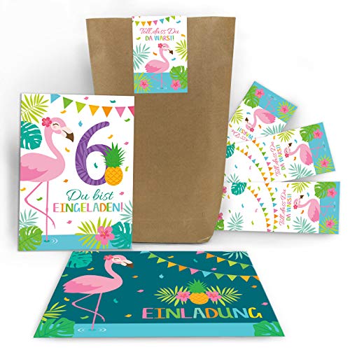 Junaversum 12 Einladungskarten 6. Geburtstag Kinder Mädchen Flamingo Einladung sechste Kindergeburtstag incl. 12 Umschläge, 12 Tüten / Natur, 12 Aufkleber von Junaversum