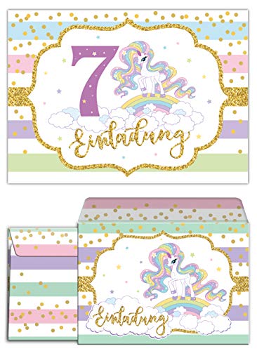 Junaversum 12 Einladungskarten incl. 12 Umschläge zum 7. Kindergeburtstag Mädchen Einhorn Regenbogen Einladungen siebte Geburtstag von Junaversum