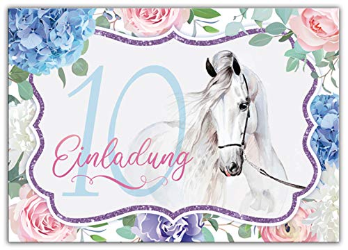Junaversum 12 Einladungskarten zum 10. Kindergeburtstag Mädchen Pferd Einladungen zehnte Geburtstag von Junaversum
