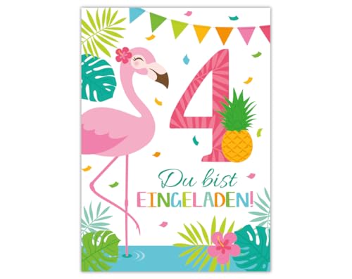 Junaversum 12 Einladungskarten zum 4. Kindergeburtstag Mädchen Flamingo Einladungen vierte Geburtstag Kinder von Junaversum