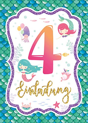 Junaversum 12 Einladungskarten zum 4. Kindergeburtstag Mädchen Meerjungfrau Einladungen vierte Geburtstag von Junaversum
