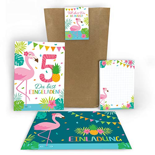 Junaversum 12 Einladungskarten zum 5. Geburtstag Kinder fünfte Kindergeburtstag Mädchen Flamingo incl. 12 Umschläge, 12 Tüten, 12 Aufkleber, 12 Blöcke von Junaversum