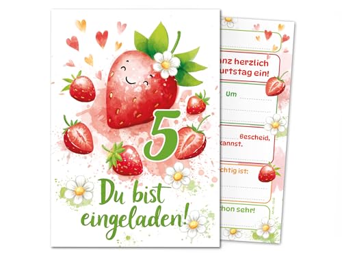 Junaversum 12 Einladungskarten zum 5. Kindergeburtstag Mädchen Kinder Erdbeeren coole bunte Einladungen fünfte Geburtstag Geburtstagseinladungen Kids von Junaversum