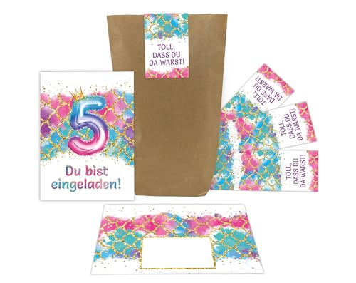 Junaversum 12 Einladungskarten zum 5. Kindergeburtstag Meerjungfrau Mädchen Mädchengeburtstag Einladungen fünfte Geburtstag incl. 12 Umschläge, 12 Tüten, 12 Aufkleber von Junaversum