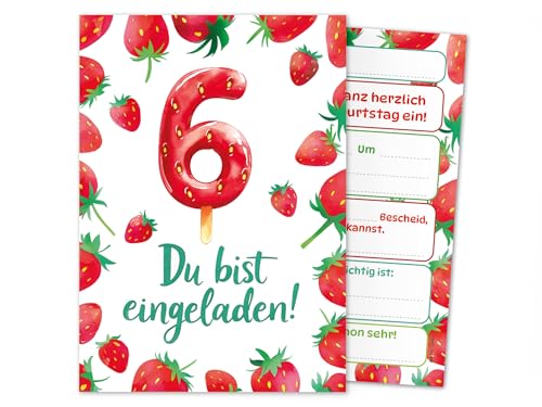 Junaversum 12 Einladungskarten zum 6. Kindergeburtstag Mädchen Erdbeeren Kinder Sommer coole bunte Einladungen sechste Geburtstag Geburtstagseinladungen Kids von Junaversum