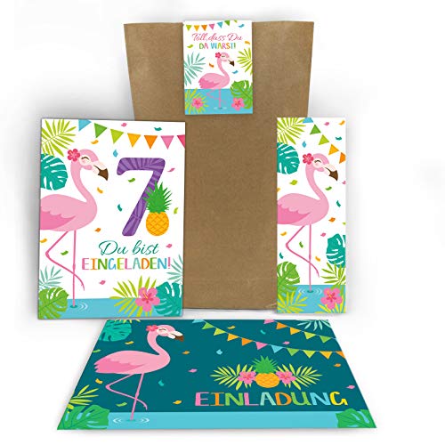 Junaversum 12 Einladungskarten zum 7. Geburtstag Kinder fünfte Kindergeburtstag Mädchen Flamingo incl. 12 Umschläge, 12 Tüten, 12 Aufkleber, 12 Lesezeichen von Junaversum
