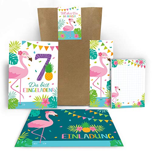 Junaversum 12 Einladungskarten zum 7. Geburtstag Kinder fünfte Kindergeburtstag Mädchen Flamingo incl. 12 Umschläge, 12 Tüten / Natur, 12 Aufkleber, 12 Notizblöcke, 12 Lesezeichen von Junaversum